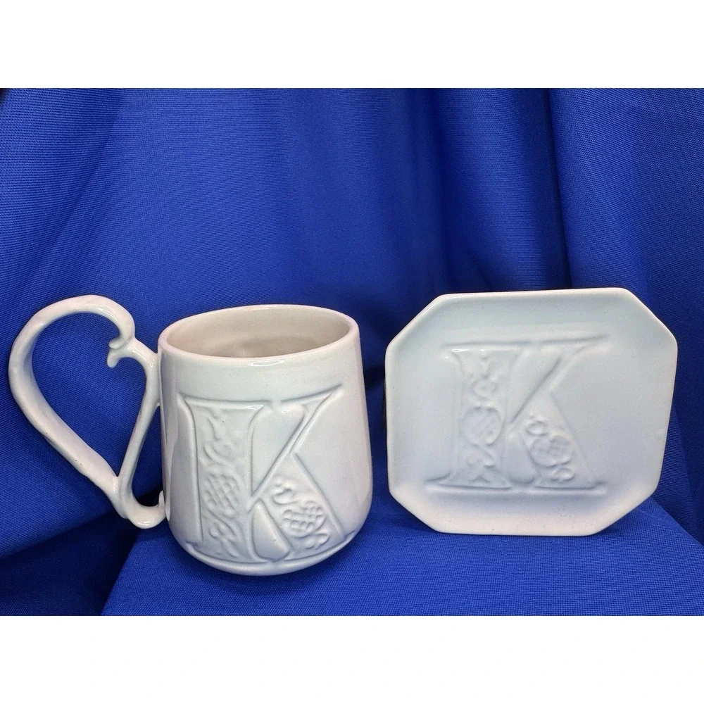 Pottery Barn A ~ Z Mug Monogram K Cream Ceramic Mug And Tidbit Plate EUC!